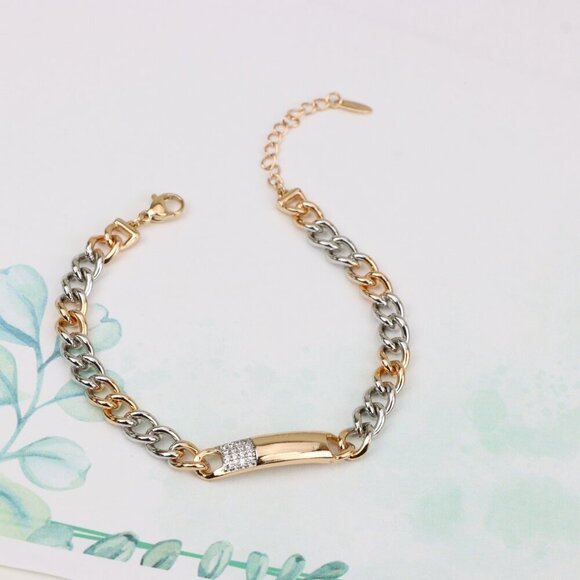 "Rose Gold & Silver Chain Bracelet with Crystal Accent Bar, XPBL0836 - Picture 4 of 12